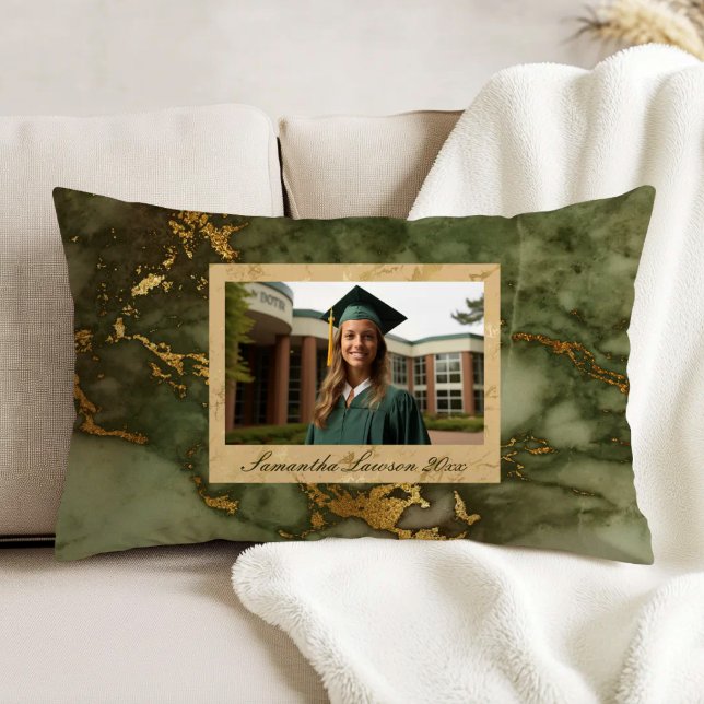 Olive Green Gold Marble Custom Graduation Photo Decorative Cushion (Creator Uploaded)