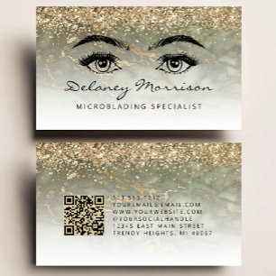 Olive Green Gold Marble Eyes QR Code Microblading Business Card