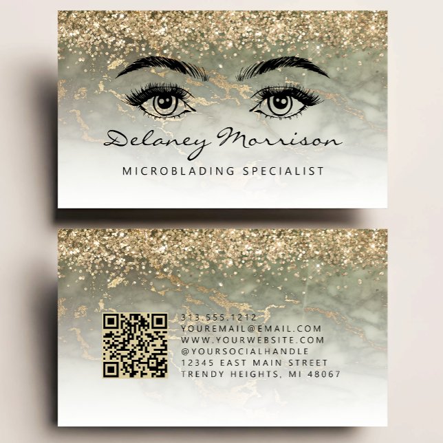 Olive Green Gold Marble Eyes QR Code Microblading Business Card (Creator Uploaded)