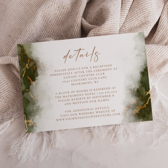 Olive Green Gold Marble Wedding Details Enclosure Card (Creator Uploaded)