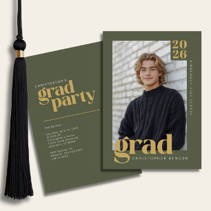 Olive Green Gold Modern Photo Graduation Party Invitation