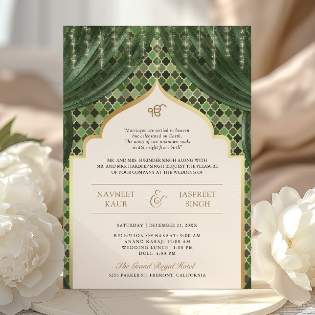 Olive Green Gold Quatrefoil QR Code Sikh Wedding Invitation (Creator Uploaded)