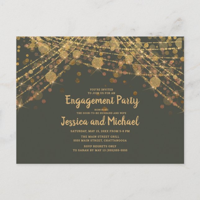 Olive Green Gold String Lights Engagement Party Postcard (Front)