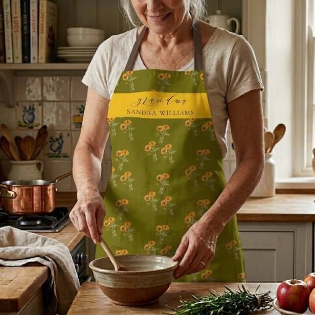 Olive Green Grandma stylish floral pattern apron (Creator Uploaded)