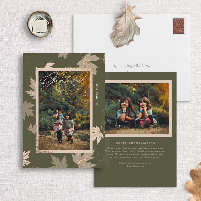 Olive Green Grateful Fall Leaf Thanksgiving Photo Holiday Card (Creator Uploaded)