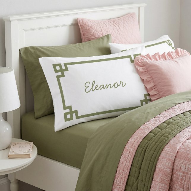 Olive Green Greek Key Monogram Standard Pillowcase (Creator Uploaded)