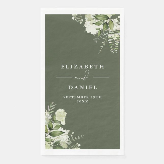 Olive Green Greenery Floral Elegant Wedding Napkin (Front)