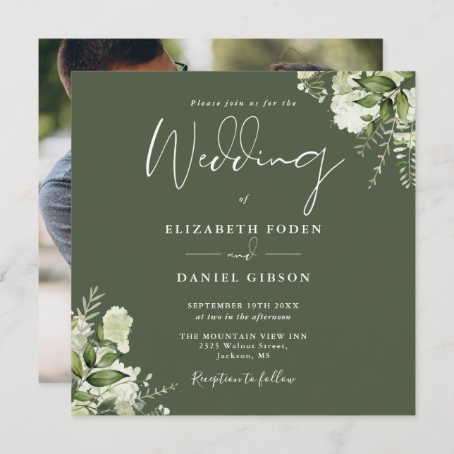 Olive Green Greenery Floral Photo Square Wedding Invitation (Front/Back)