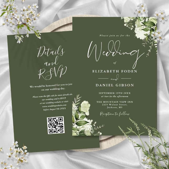 Olive Green Greenery Floral QR Code Wedding Invitation (Olive Green Greenery Floral QR Code Wedding Invitation)