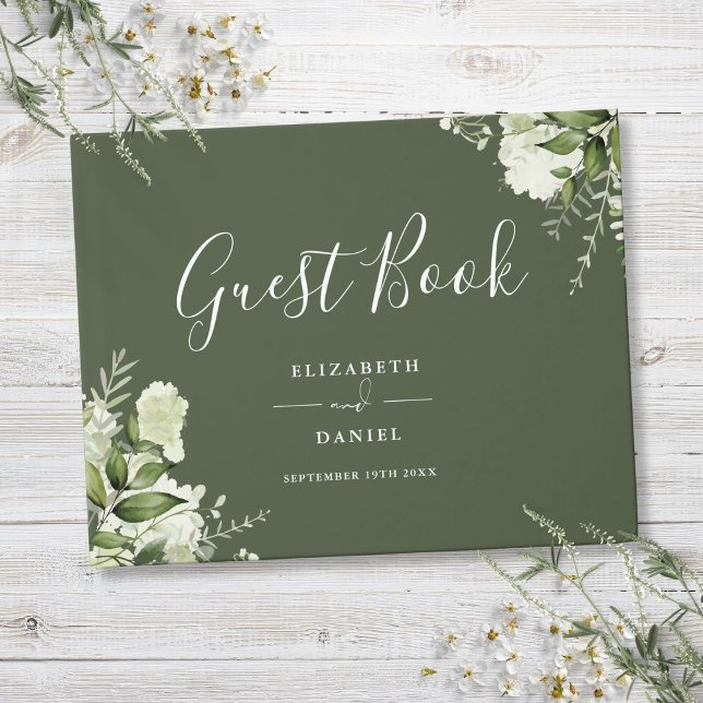 Olive Green Greenery Floral Wedding Guest Book (Olive Green Greenery Floral Wedding Guest Book)