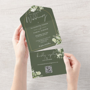 Olive Green Greenery Gold Arch QR Code Wedding All In One Invitation