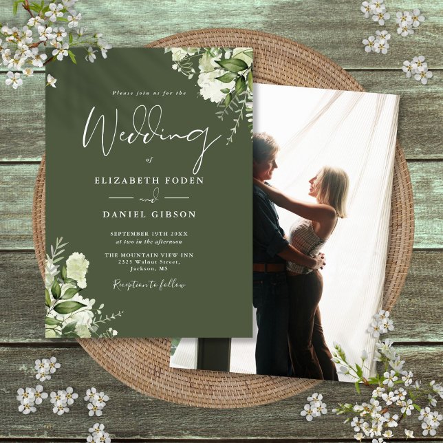 Olive Green Greenery Leaves Elegant Photo Wedding  Invitation (Olive Green Greenery Leaves Elegant Photo Wedding Invitation)