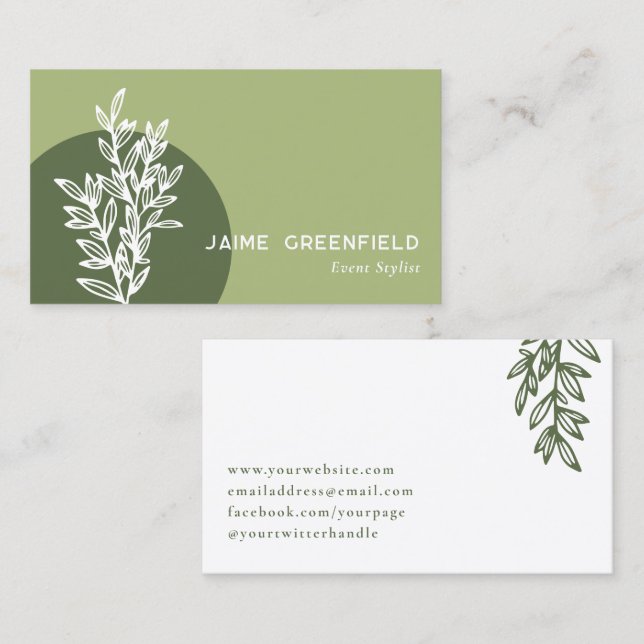 Olive Green Greenery Line Art Business Card (Front/Back)