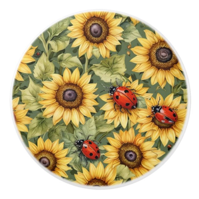 Olive Green Greenery Sunflower Lady Bug Garden Zen Ceramic Knob (Front)