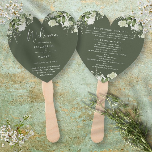 Olive Green Greenery Wedding Program Heart Hand Fan (Olive Green Greenery Wedding Program Heart Hand Fan)