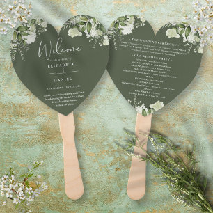 Olive Green Greenery Wedding Program Heart Hand Fan