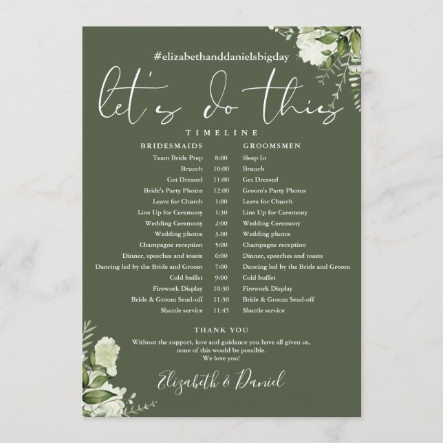 Olive Green Greenery Wedding Schedule Timeline Program (Front)