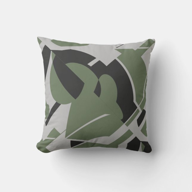 Olive Green Grey Black Bold Swirling Abstract Cushion (Front)