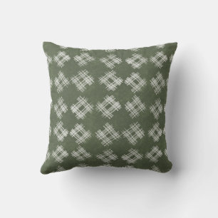 Olive Green Hand-Drawn Rustic Checkered Pattern Cushion