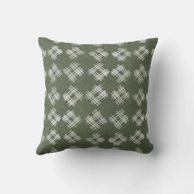 Olive Green Hand-Drawn Rustic Checkered Pattern Cushion (Back)