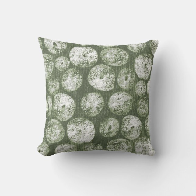 Olive Green Hand-Drawn Rustic Moon Pebbles Cushion (Front)