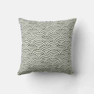 Olive Green Hand-Drawn Seigaiha Ocean Waves Cushion