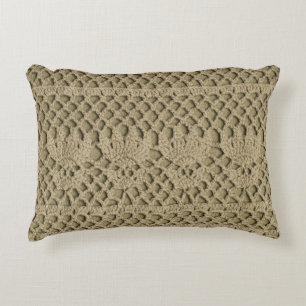 Olive green handmade lace on olive background decorative cushion