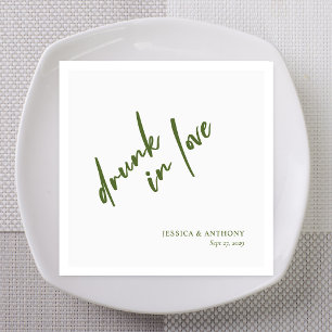 Olive Green Handwritten Drunk in Love Custom Names Napkin