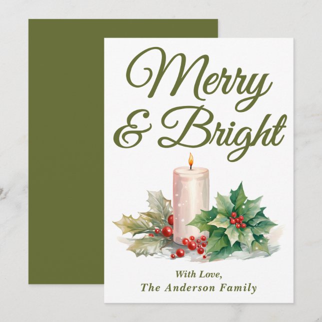 Olive Green Handwritten Script Merry & Bright Holiday Card (Front/Back)