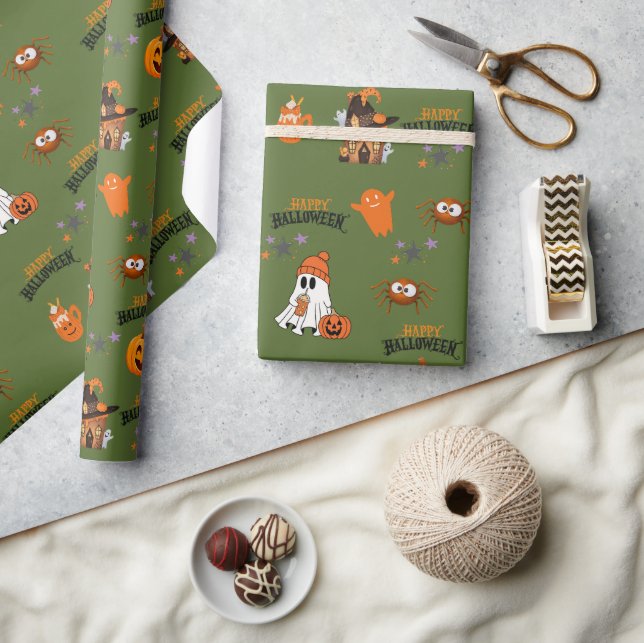 olive green Happy Halloween Cute Ghost Pumpkin  Wrapping Paper (Crafts)