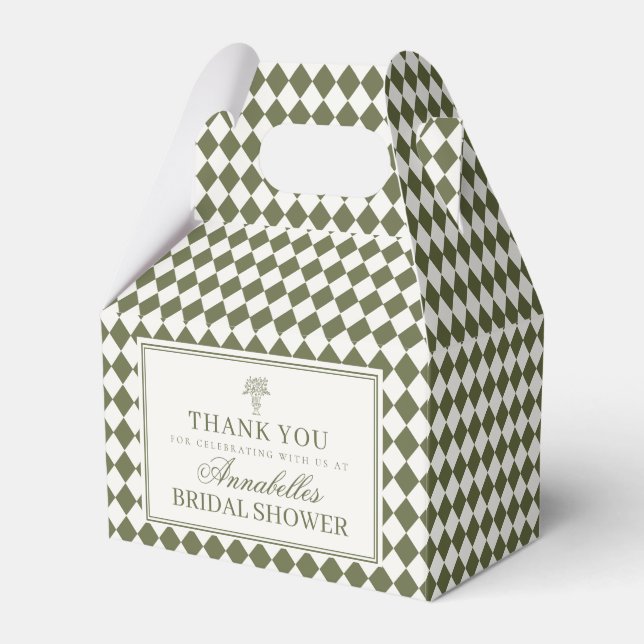 Olive Green Harlequin Chequered Bridal Shower Favour Box (Front Side)