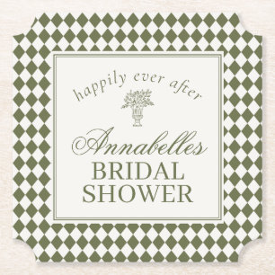 Olive Green Harlequin Chequered Bridal Shower Paper Coaster