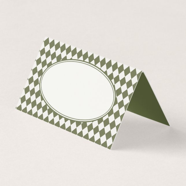 Olive Green Harlequin Chequered Folded Place Cards (Front)