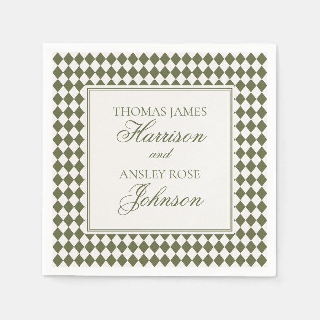 Olive Green Harlequin Chequered Wedding Napkin (Front)