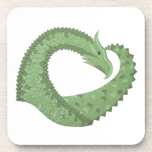 Olive green heart dragon on white coaster (Front)