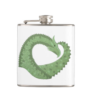 Olive green heart dragon on white hip flask