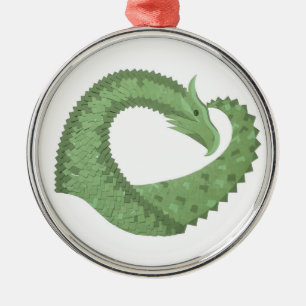 Olive green heart dragon on white metal ornament