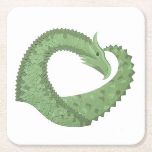 Olive green heart dragon on white square paper coaster