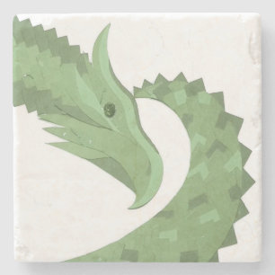 Olive green heart dragon on white stone coaster