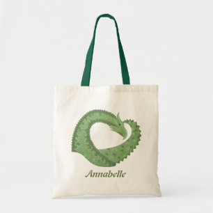 Olive green heart dragon on white tote bag