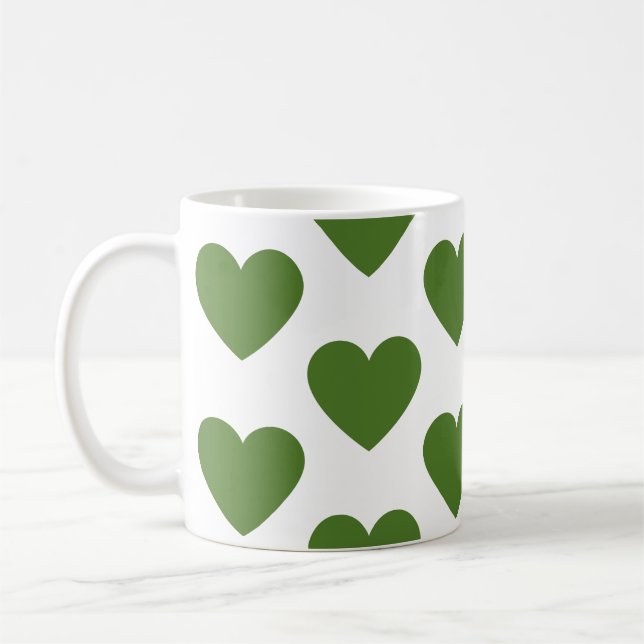 Olive green hearts fun white coffee mug (Left)