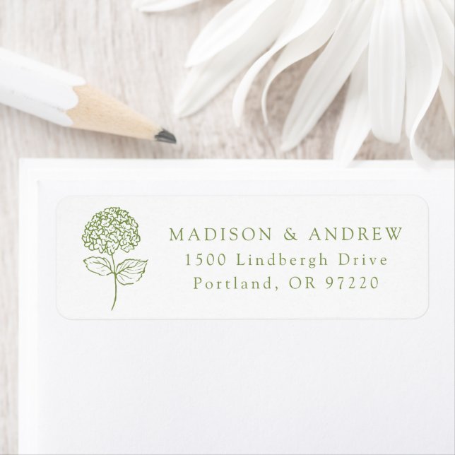 Olive Green Hydrangea Wedding Return Address Label (Insitu)