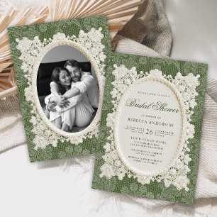 Olive Green Ivory Doily Lace Bridal Shower Invitation