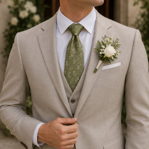 Olive Green Ivory Wildflower Botanical Pattern Tie