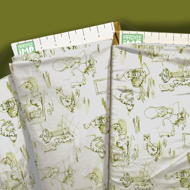Olive Green Kitty Cat Bathroom Toile Fabric (close-up with ruler)