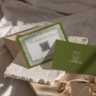 Olive Green Lace Doily Old Money QR Code Wedding RSVP Card