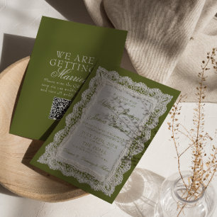 Olive Green Lace Old Money Doily QR Code Wedding Invitation