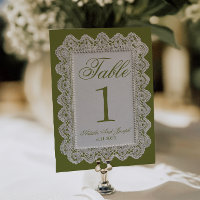 Olive Green Lace Old Money Wedding Table Number