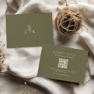 Olive Green Leaf Monogram Wedding QR Code RSVP Enclosure Card
