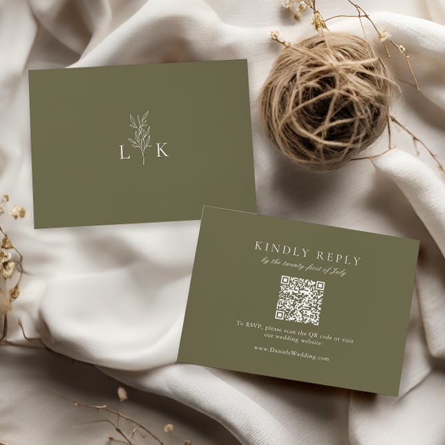 Olive Green Leaf Monogram Wedding QR Code RSVP  Enclosure Card (Creator Uploaded)